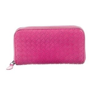 Bottega Veneta Womens Woven Continental Leather Zip Around Wallet‎ Pink